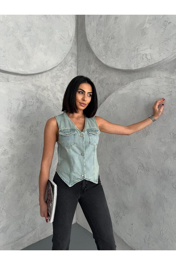 DÜĞMELİ V YAKA TİNT DENIM YELEK - 4
