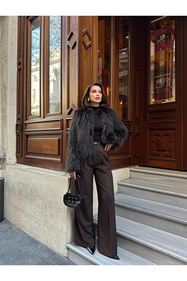 High Waist Pleated Bitter Brown Women's Trousers