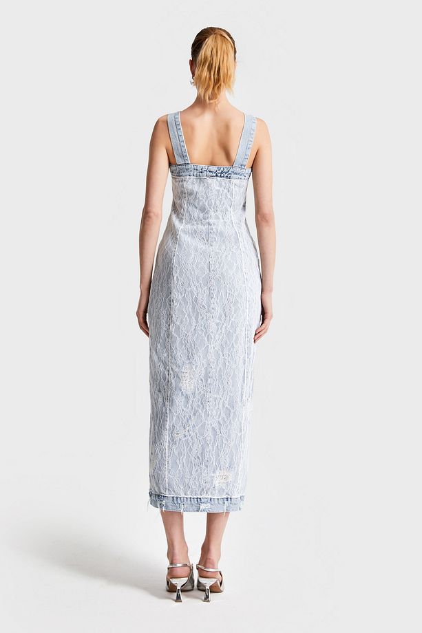 Kadın Kot Rengi 11S5-3 Dantelli Önü Düğmeli Tasarım Askılı Maxi Boy Denim Elbise - 6