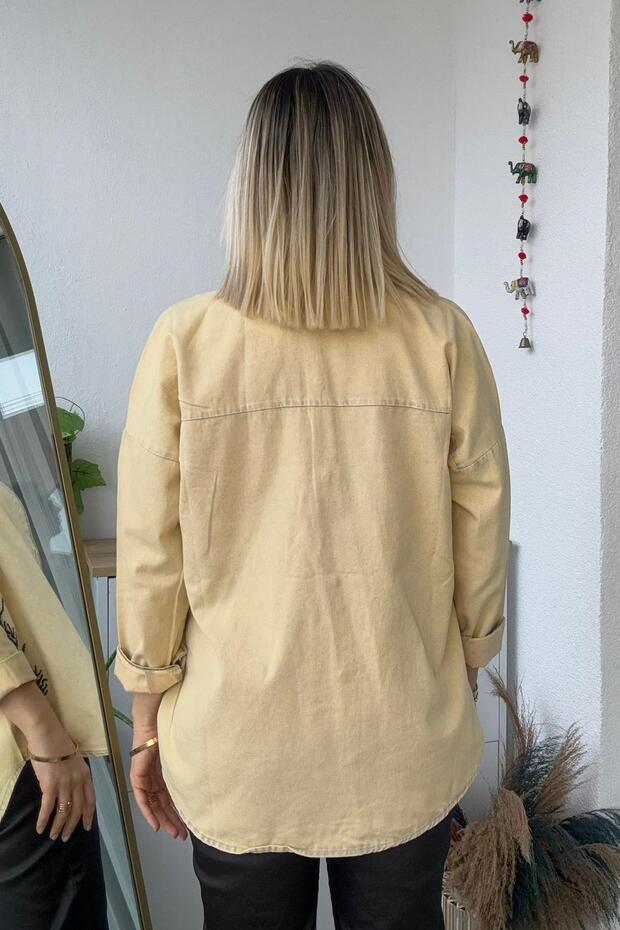 Oversize Başak Nakış Desen Taş Gabardin Gömlek - 2