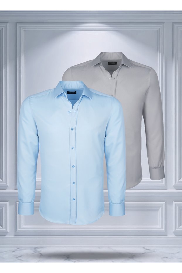 Pack of 2 Easy-Iron Four Seasons Modern Fit Soft Textured Blue and Gray Plain Shirts