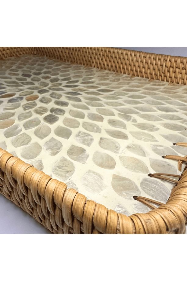 White Design Sedef Kaplama Rattan Dikdörtgen Tepsi - 2