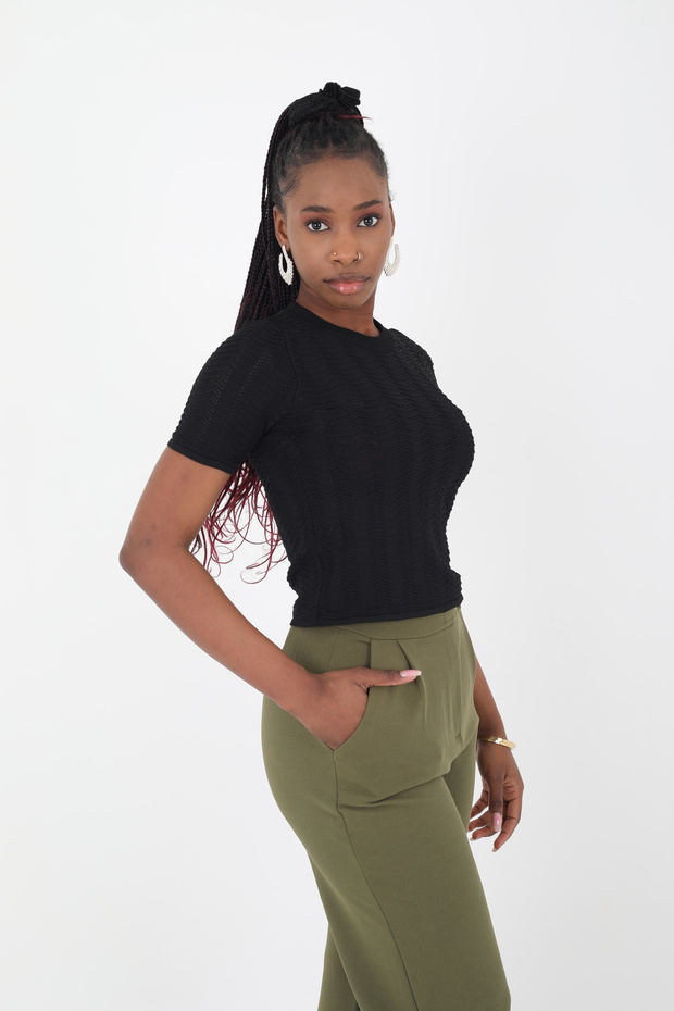 Short Sleeve Openwork Blouse - 1