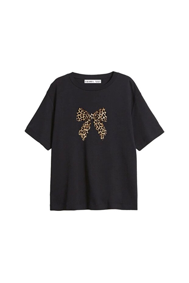 Bow Printed Relaxed Fit Black Women's Tshirt