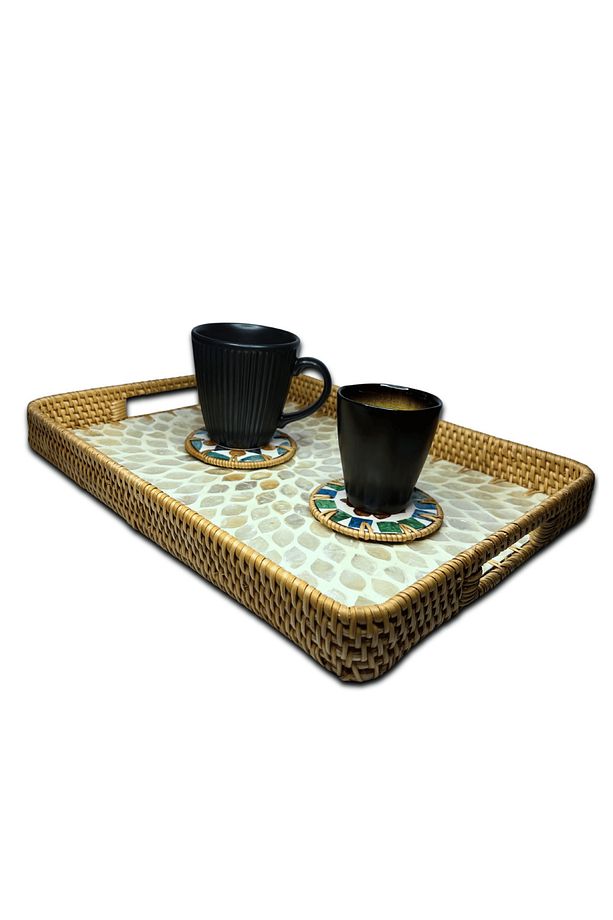 White Design Sedef Kaplama Rattan Dikdörtgen Tepsi - 4