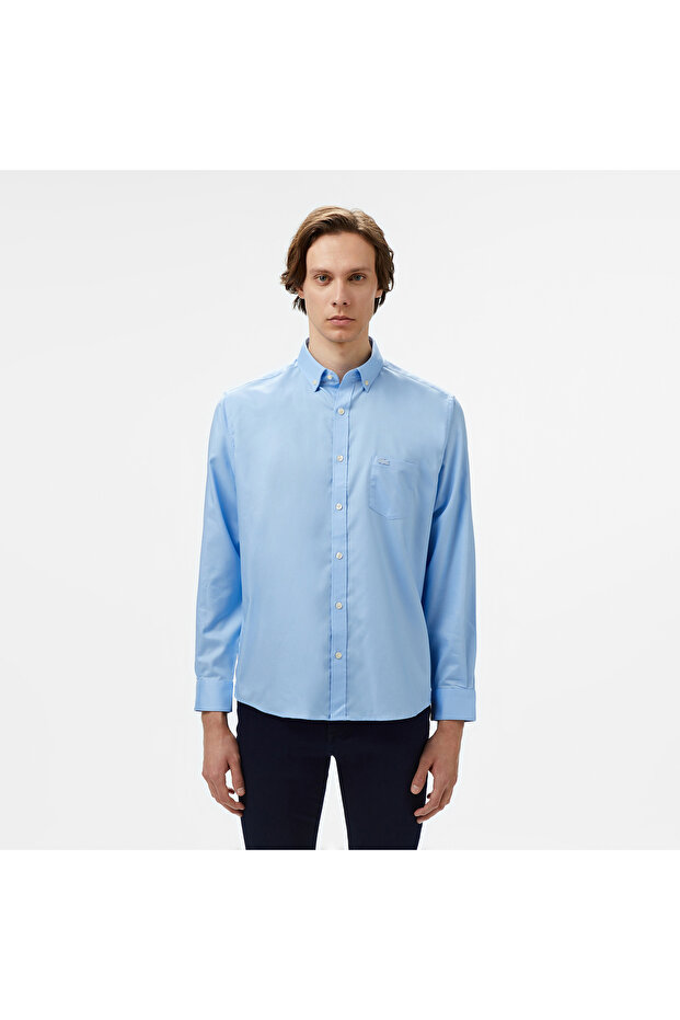 Erkek Regular Fit Düğmeli Yaka Mavi Gömlek - 1
