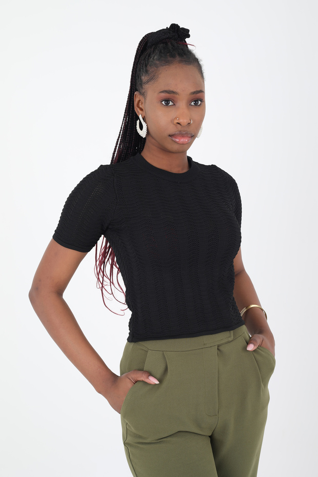 Short Sleeve Openwork Blouse - 3