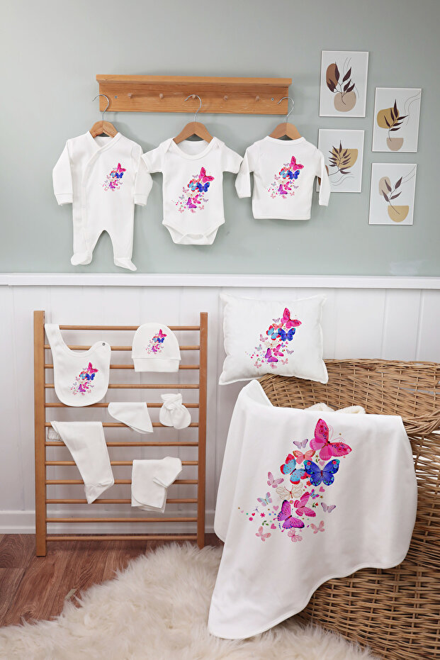 11 Piece Butterfly Printed Newborn Baby Hospital Discharge Set White