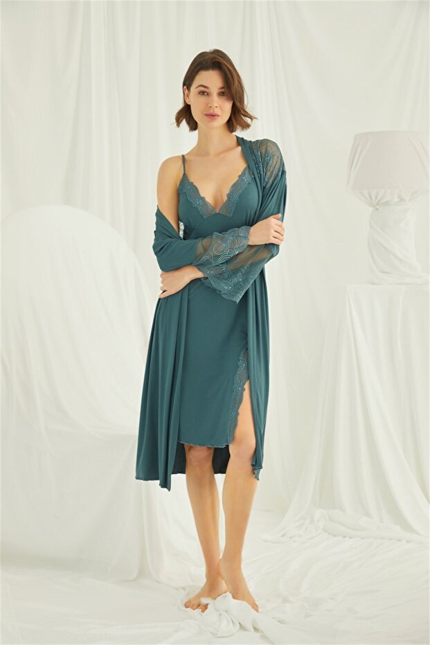 Women's Brode Lace Dressing Gown Nightgown Set-Green