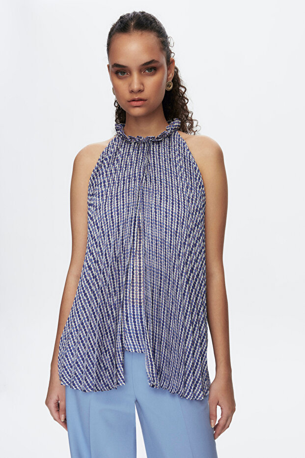 Crocus Halter Yaka Piliseli Desenli Bluz - 3