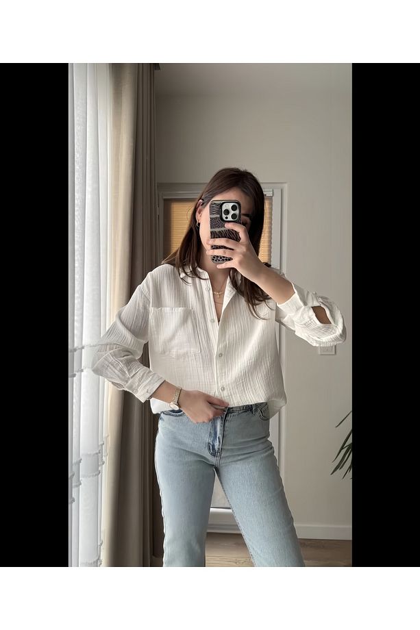 Beyaz Kadın Cepli Oversize Müslin Gömlek - 1