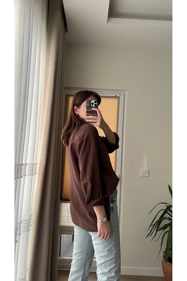 Kahverengi Kadın Cepli Oversize Müslin Gömlek - 2