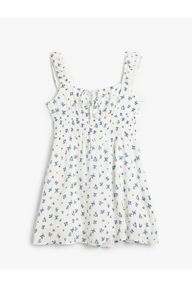 Sleeveless Lace-Up Neckline A-Line Floral Gips Mini Viscose Dress