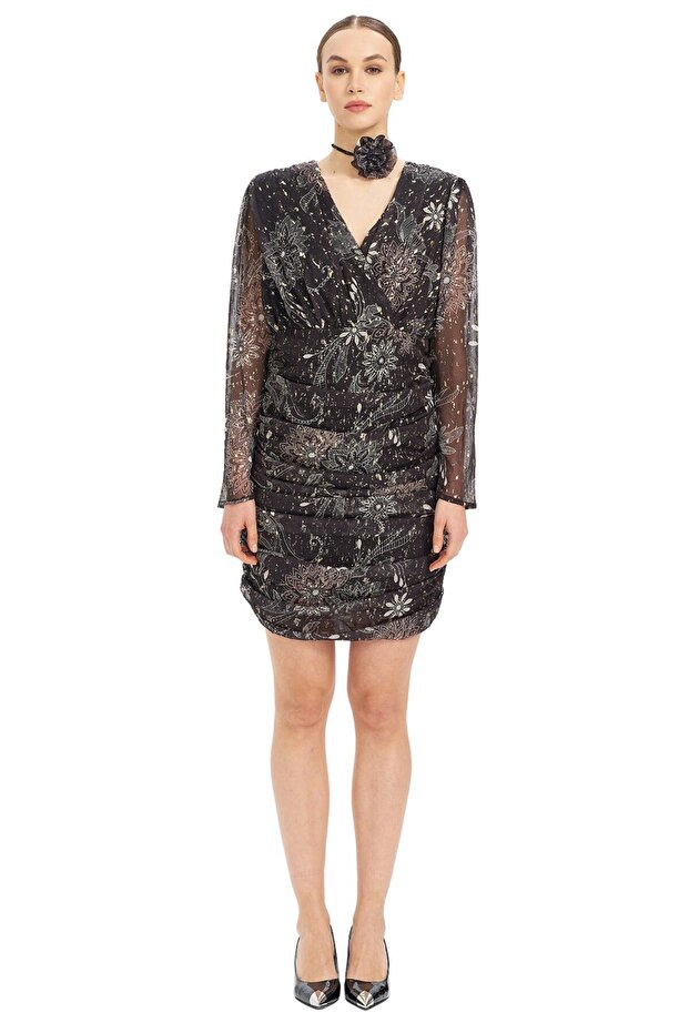 V Yaka Drape Detaylı Mini Elbise - 1