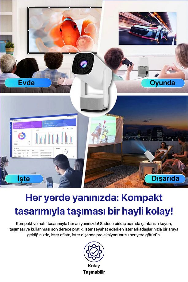 Powerbankli Kompakt Taşınabilir Projeksiyon 4K/1080P Dahili Android, WiFi, Bluetooth RGB Led - 3