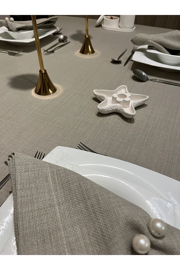 Polyester Keten Linen Dertsiz Masa Örtüsü Taş Rengi + 6 Peçete - 7