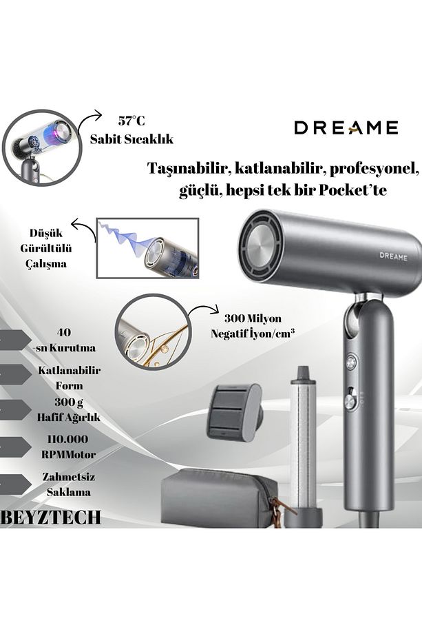 110.000 RPM Motor Düşük Gürültülü Çalışma 40-sn Kurutma 3 Katlanabilir Form Zahmetsiz Saklama - 1