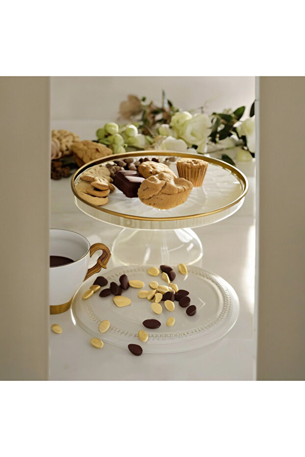 Gold Gilded Glass Stand Cake Cake Coffee Side 2-Piece Presentation Stand Platter - 16 cm 2 Pieces