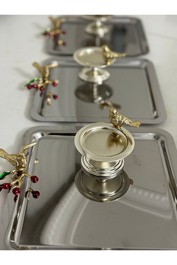 ÇELİK KARE 3 ADET KUŞLU SUNUM TEPSİSİ VE GÜMÜŞ KUŞLU MAKARONLUK 3 ADET - 2