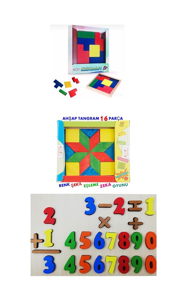 Ahşap Zeka Oyuncaklar 3'lü Set (16 LI TANGRAM-AKILLI KARELER 1- MATEMATİK AHŞAP PUZZLE) - 4