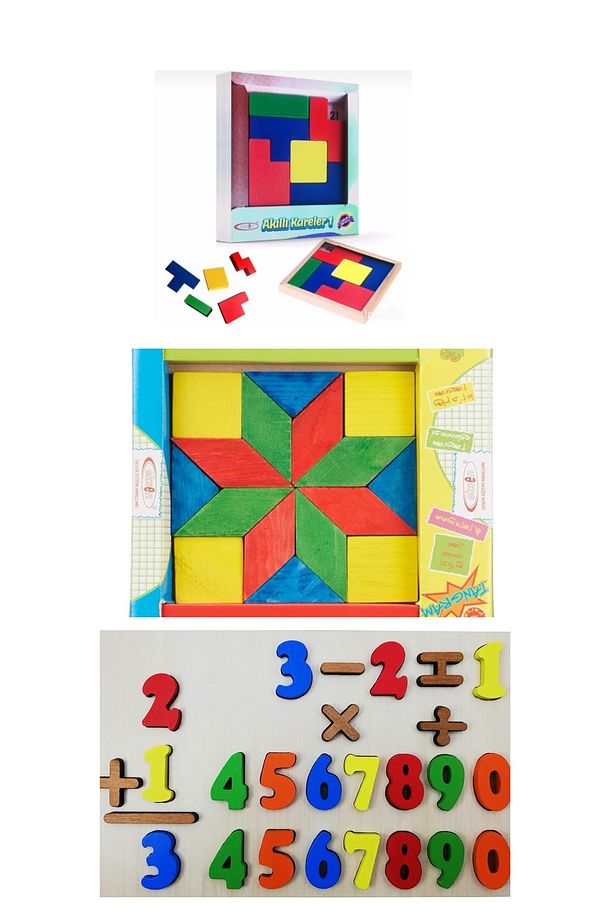 Ahşap Zeka Oyuncaklar 3'lü Set (16 LI TANGRAM-AKILLI KARELER 1- MATEMATİK AHŞAP PUZZLE) - 1