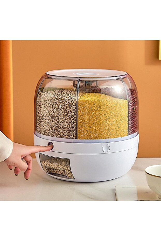 6-Grid 360° Rotating Rice Dispenser, 6KG Moisture-Proof Grain Storage Box,Insect-Proof Organizer