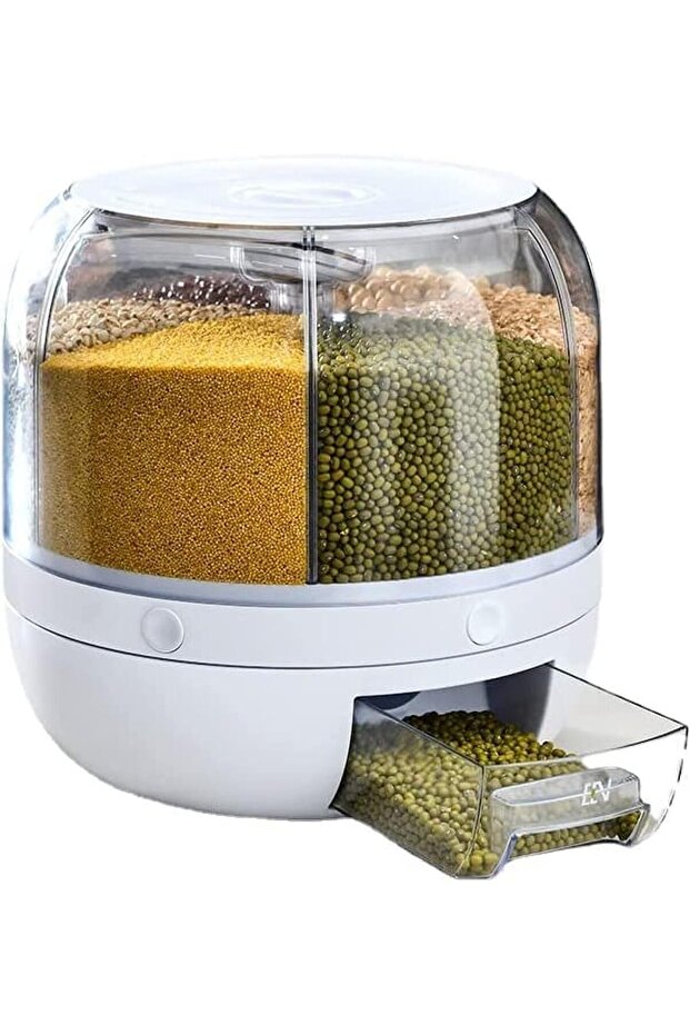 موزع طعام دوار 360 درجة بـ 6 شبكات، حاوية تخزين بنقرة واحدة للأرز والحبوب والوجبات الخفيفة - 1