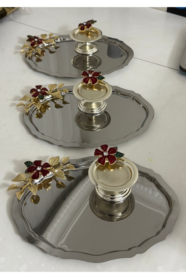 Steel Oval 3 item(s) Red Floral Serving Tray and Silver Macaron Stand Red Floral