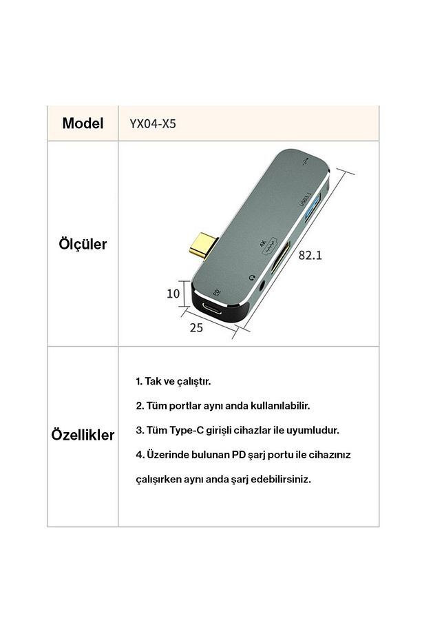 Type-c Usb 3.1 Usb 3.0 Usb 2.0 Hdmi Pd 3.5m Giriş Çevirici Hub X5 - 4