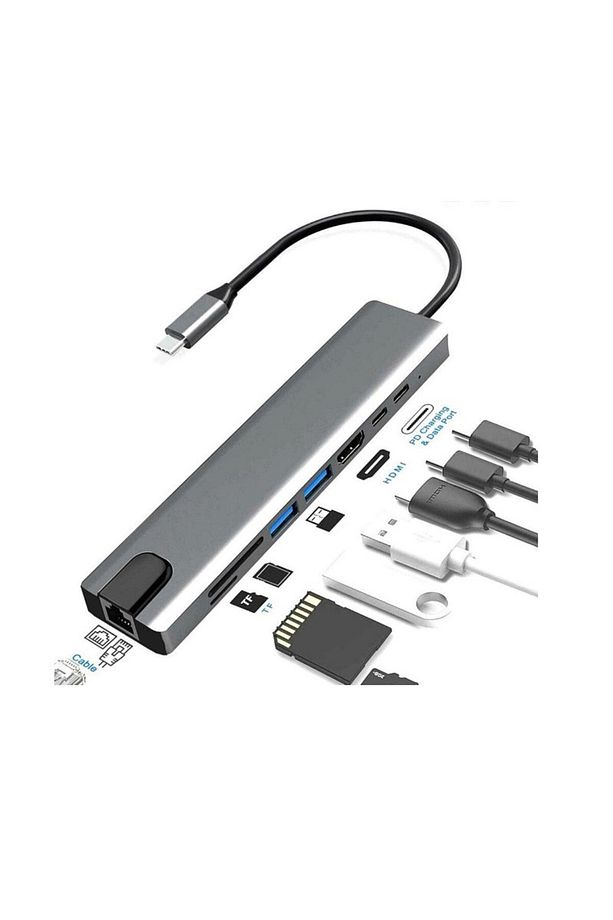 8in1 Type-c 4k Hdmi Rj45 Micro Sd Tf 2xusb3.0 2xtype-c Hub Çevirici - 4