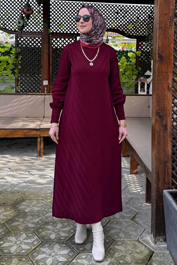 Yağmur Triko Elbise Bordo - 4