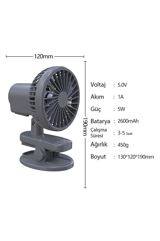 3 Kademe Şarjlı Mandallı 120° Taşınabilir Fan Vantilatör F02 - 4