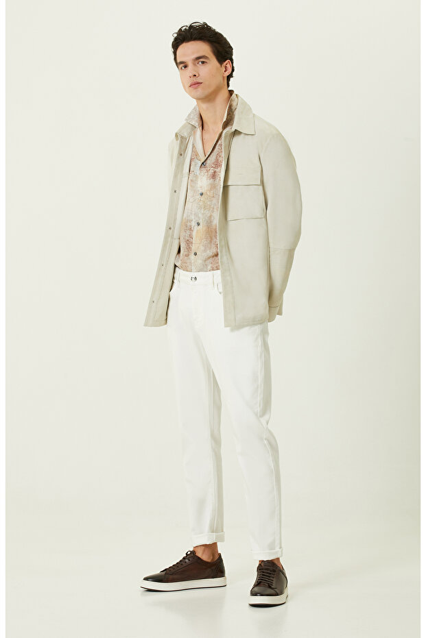 Bej Baskılı Keten Gömlek - 2