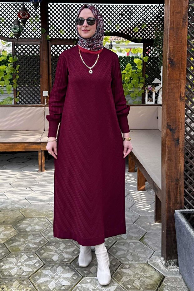 Yağmur Triko Elbise Bordo - 8
