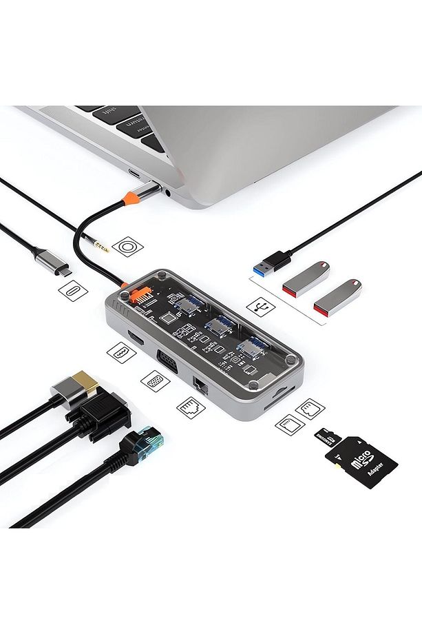 Type-C Audio Pd HDMI Vga Rj-45 Ethernet SD TF 3X Usb 3.0 Hub Çevirici SW10V - 3