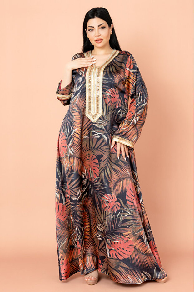 جلابية مطرزة بنقشة أوراق الشجر - 1