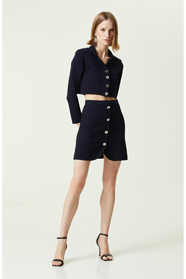 Lacivert Gömlek Yaka Triko Ceket - 2