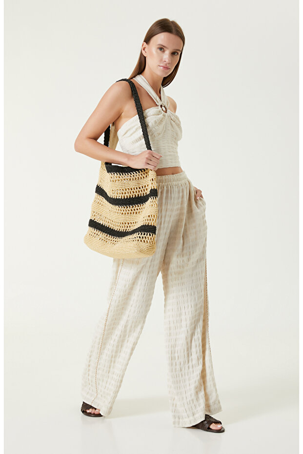 Ekru Bej Çizgili Plaj Bluz - 3