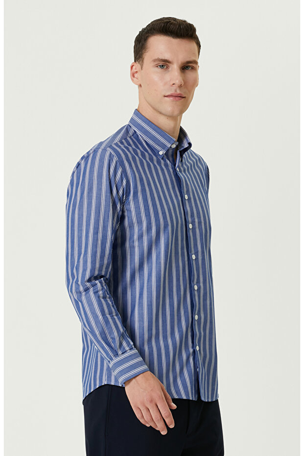 Mavi Çizgi Desenli Gömlek - 4