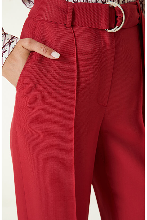Kırmızı Flare Paça Pantolon - 4