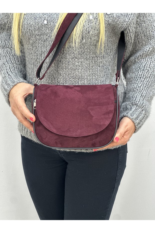 Genuine Suede Leather, Crossbody Strap, Daily Bag, Women's Shoulder Bag, Burgundy Color 21*20*7 cm