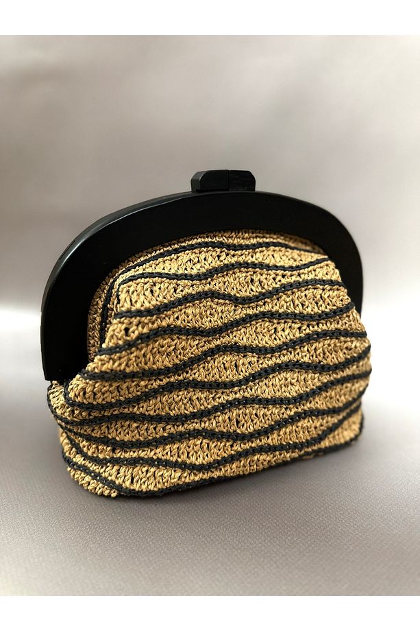 Ahşap burslu Clutch çanta kâğıt ip el örgüsü çanta - 4