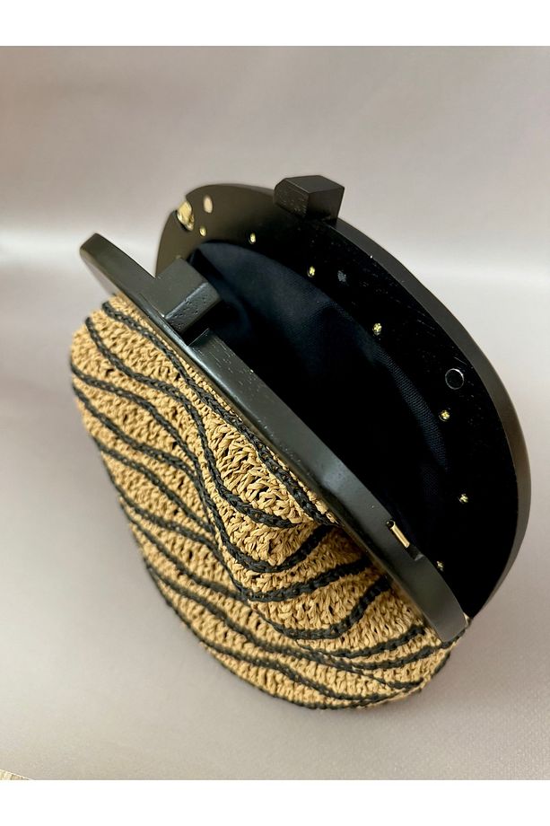 Ahşap burslu Clutch çanta kâğıt ip el örgüsü çanta - 5
