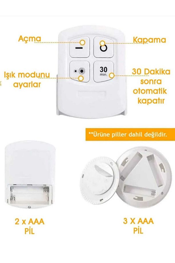 3'lü Spot Led Işık Lamba Pilli Uzaktan Kumandalı Montajsız Yapışkanlı Raf Dolap Mutfak Işığı - 2