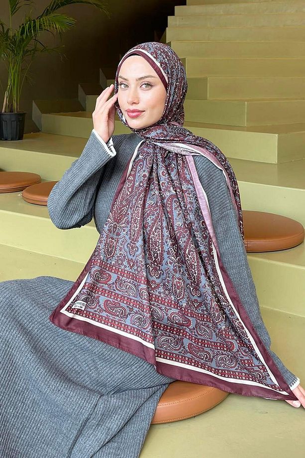 Retro Desenli Soft Şal Bordo - 3