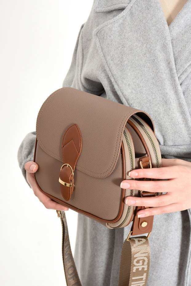 Women's Dark Mink 3 Compartment Column Strap Hand and Shoulder Bag