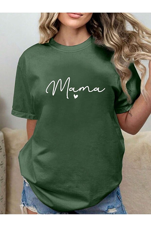 Nefti Green Oversize Mama Heart T-Shirt - Crew Neck, Printed, Short Sleeve