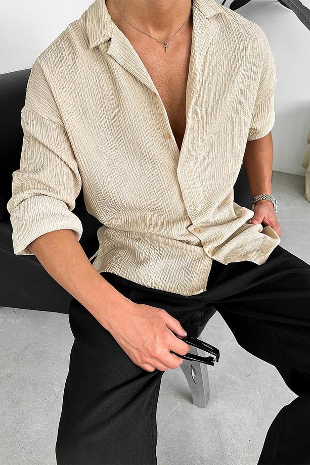 Krem Fitilli Basic Oversize Gömlek - 4