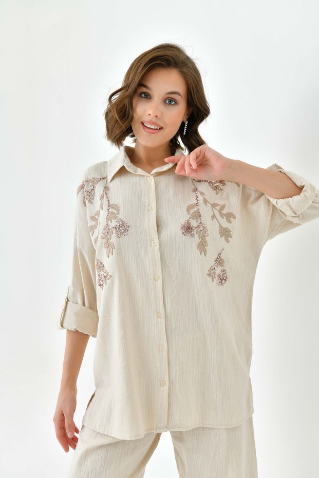 Women's Sequin Embroidery Stone Embroidered Flam Linen Shirt and Pants Set
