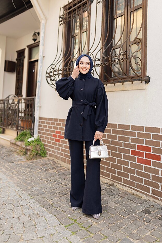 Navy Blue Double Set - Women's Set with Pleat Detail and Belt